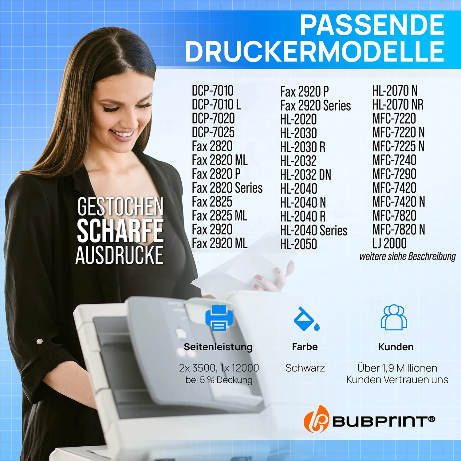 Bubprint TN-2000 DR-2000 Toner Trommel Set Schwarz 2+1