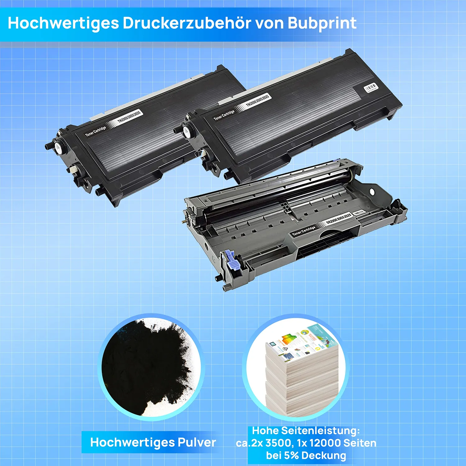 Bubprint TN-2000 DR-2000 Toner Trommel Set Schwarz 2+1